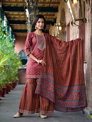  rust floral,sequins work kurta sharara with dupatta set 1