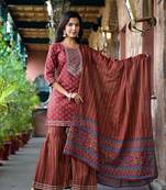  rust floral,sequins work kurta sharara with dupatta set
