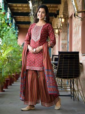  rust floral,sequins work kurta sharara with dupatta set 2