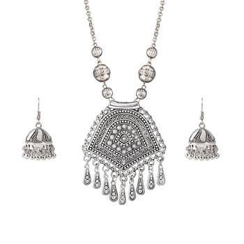 Stylish silver plated german oxidized floral pendant with long chain handcrafted necklace set for women & girls 1