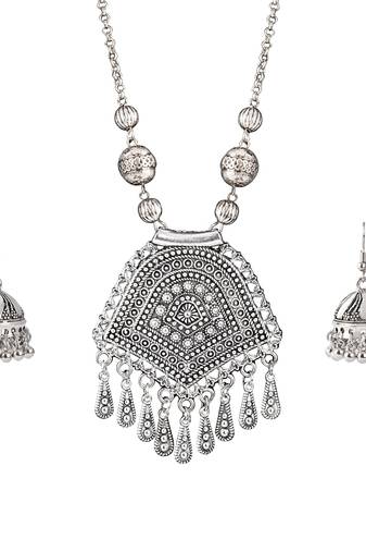 Stylish silver plated german oxidized floral pendant with long chain handcrafted necklace set for women & girls
