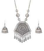 Stylish silver plated german oxidized floral pendant with long chain handcrafted necklace set for women & girls