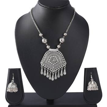 Stylish silver plated german oxidized floral pendant with long chain handcrafted necklace set for women & girls 2