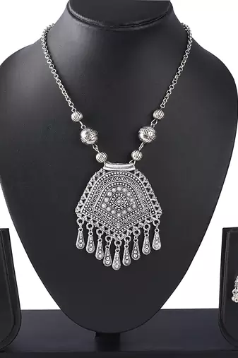 Stylish silver plated german oxidized floral pendant with long chain handcrafted necklace set for women & girls