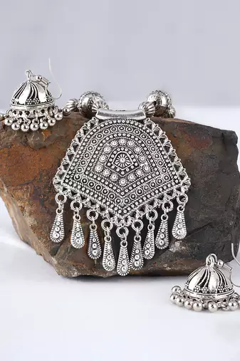 Stylish silver plated german oxidized floral pendant with long chain handcrafted necklace set for women & girls