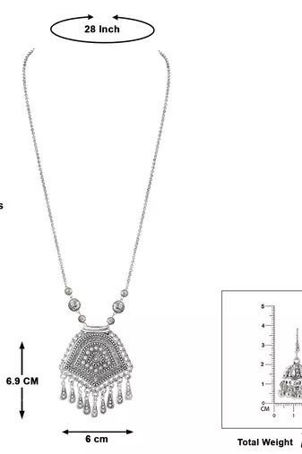 Stylish silver plated german oxidized floral pendant with long chain handcrafted necklace set for women & girls