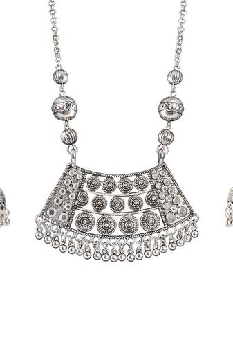 Fashionable silver plated german oxidized pendant with long chain handcrafted necklace set for women & girls