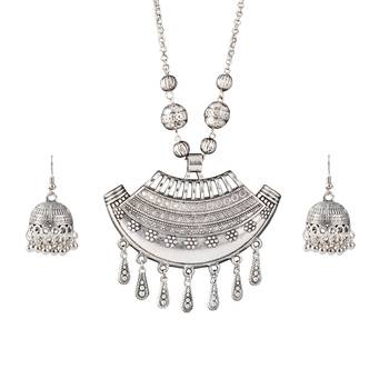 Fashionable silver plated german oxidized floral pendant with long chain handcrafted necklace set for women & girls 1