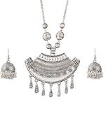 Fashionable silver plated german oxidized floral pendant with long chain handcrafted necklace set for women & girls