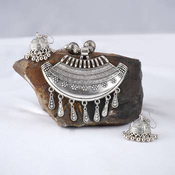 Fashionable silver plated german oxidized floral pendant with long chain handcrafted necklace set for women & girls 2