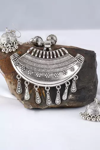 Fashionable silver plated german oxidized floral pendant with long chain handcrafted necklace set for women & girls
