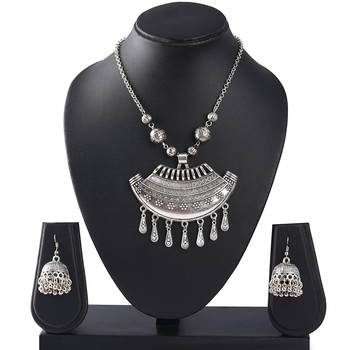 Fashionable silver plated german oxidized floral pendant with long chain handcrafted necklace set for women & girls 3