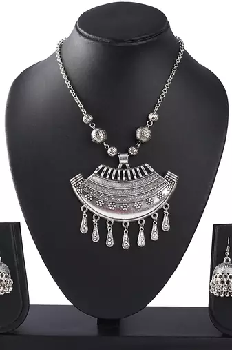 Fashionable silver plated german oxidized floral pendant with long chain handcrafted necklace set for women & girls
