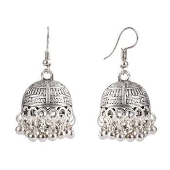 Fashionable silver plated german oxidized floral pendant with long chain handcrafted necklace set for women & girls 4