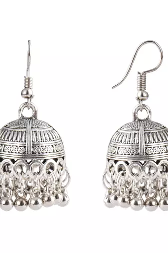 Fashionable silver plated german oxidized floral pendant with long chain handcrafted necklace set for women & girls