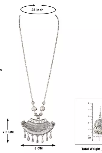 Fashionable silver plated german oxidized floral pendant with long chain handcrafted necklace set for women & girls