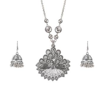 Fashionable silver plated german oxidized peacock pendant with long chain handcrafted necklace set for women & girls 1