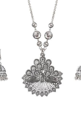 Fashionable silver plated german oxidized peacock pendant with long chain handcrafted necklace set for women & girls