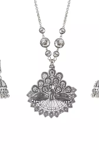 Fashionable silver plated german oxidized peacock pendant with long chain handcrafted necklace set for women & girls