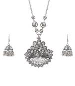Fashionable silver plated german oxidized peacock pendant with long chain handcrafted necklace set for women & girls