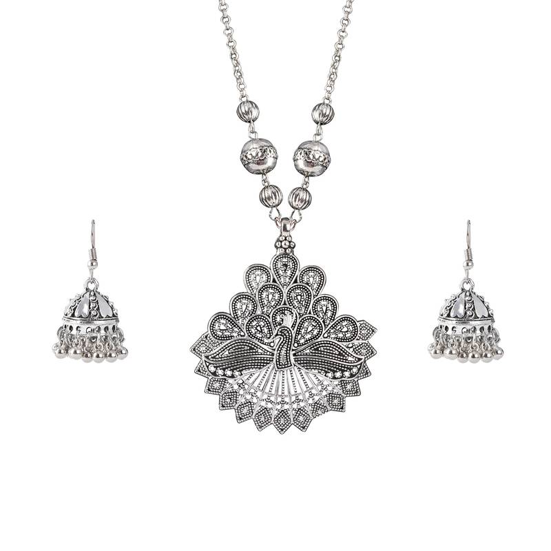 Fashionable silver plated german oxidized peacock pendant with long chain handcrafted necklace set for women & girls