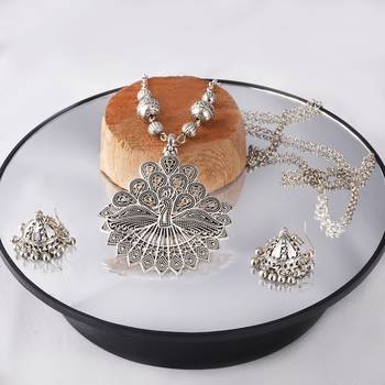 Fashionable silver plated german oxidized peacock pendant with long chain handcrafted necklace set for women & girls 2