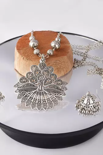 Fashionable silver plated german oxidized peacock pendant with long chain handcrafted necklace set for women & girls