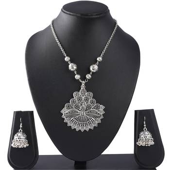 Fashionable silver plated german oxidized peacock pendant with long chain handcrafted necklace set for women & girls 4