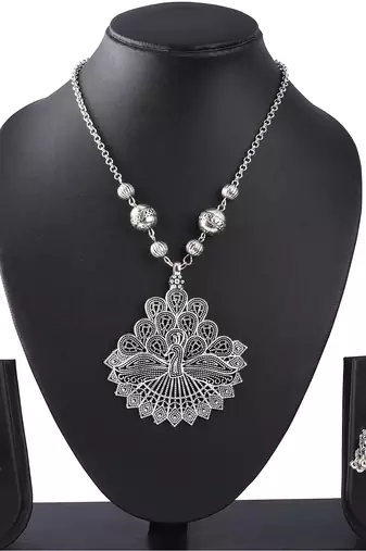 Fashionable silver plated german oxidized peacock pendant with long chain handcrafted necklace set for women & girls