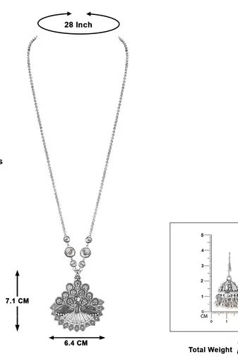 Fashionable silver plated german oxidized peacock pendant with long chain handcrafted necklace set for women & girls