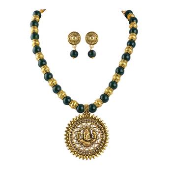 Fashionable gold plated oxidized german ganesha beaded necklaces set with adjustable thread for women and girls.(green) 1