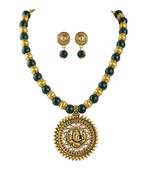 Fashionable gold plated oxidized german ganesha beaded necklaces set with adjustable thread for women and girls.(green)