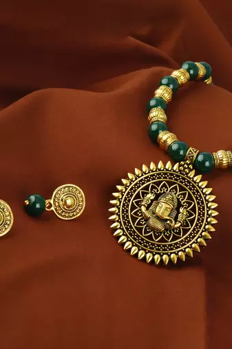 Fashionable gold plated oxidized german ganesha beaded necklaces set with adjustable thread for women and girls.(green)