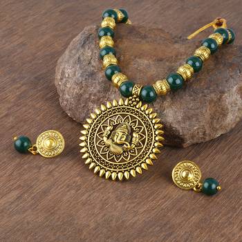 Fashionable gold plated oxidized german ganesha beaded necklaces set with adjustable thread for women and girls.(green) 3