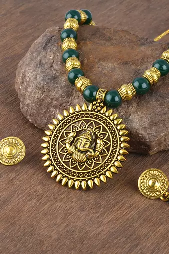 Fashionable gold plated oxidized german ganesha beaded necklaces set with adjustable thread for women and girls.(green)