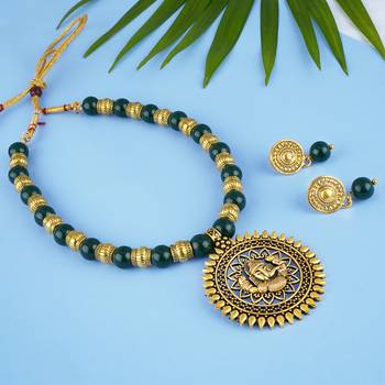 Fashionable gold plated oxidized german ganesha beaded necklaces set with adjustable thread for women and girls.(green) 4