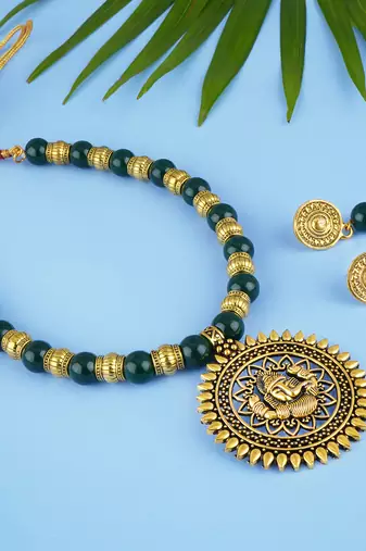Fashionable gold plated oxidized german ganesha beaded necklaces set with adjustable thread for women and girls.(green)