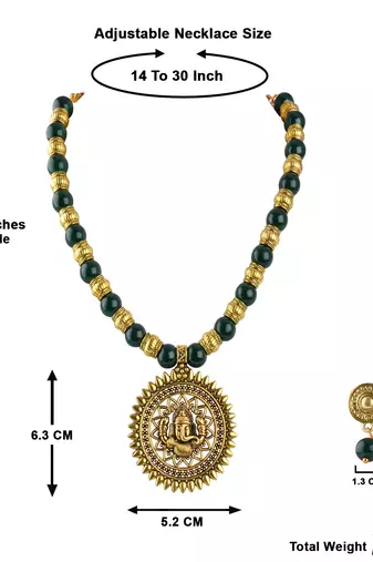 Fashionable gold plated oxidized german ganesha beaded necklaces set with adjustable thread for women and girls.(green)