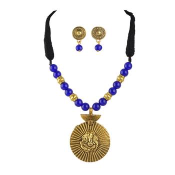 Gold plated oxidized german ganesha beaded necklaces set with cotton adjustable thread for women and girls.(blue) 1