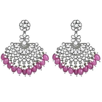 Navratri Ethnic Stylish Silver Oxidised Kundan Pearl Chandbali Earrings For Women And Girls  3