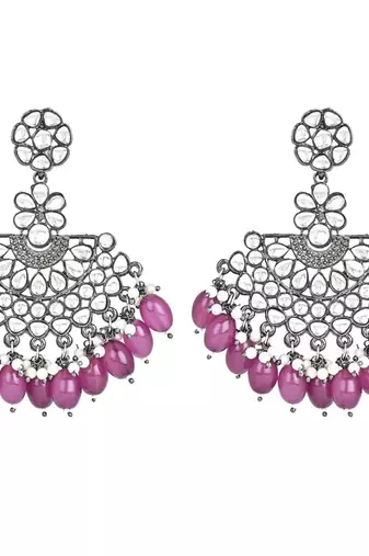 Navratri Ethnic Stylish Silver Oxidised Kundan Pearl Chandbali Earrings For Women And Girls 