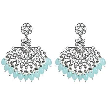 Navratri Ethnic Stylish Silver Oxidised Kundan Pearl Chandbali Earrings For Women And Girls  3
