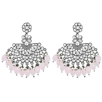 Navratri Ethnic Stylish Silver Oxidised Kundan Pearl Chandbali Earrings For Women And Girls  3