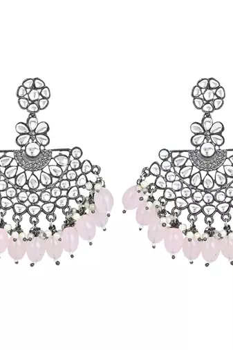 Navratri Ethnic Stylish Silver Oxidised Kundan Pearl Chandbali Earrings For Women And Girls 