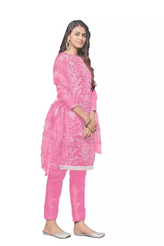 Baby Pink Organza silk blend Embroidered Unstitched Dress Material
