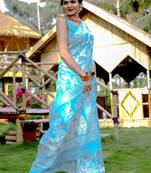 Pehnava Skyblue Cotton Jamdani Sarees With Blouse