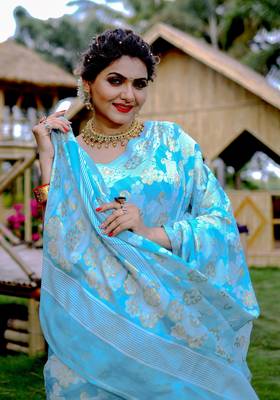 Pehnava Skyblue Cotton Jamdani Sarees With Blouse 2