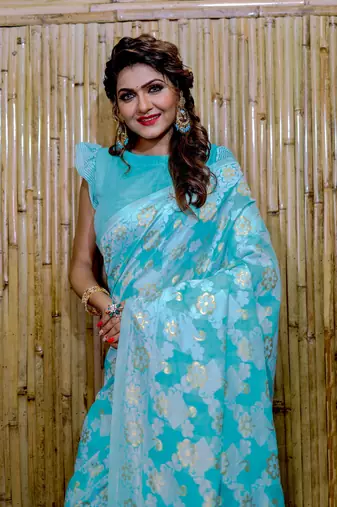 Rama Cotton Jamdani Sarees With Blouse
