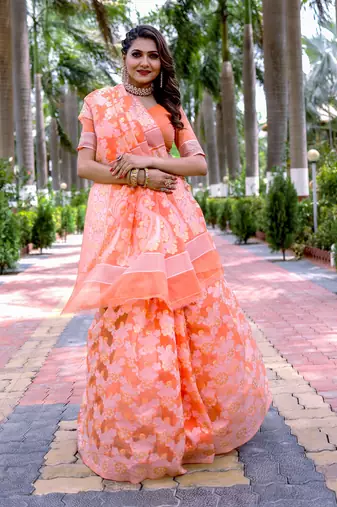 Orange Cotton Jamdani Sarees With Blouse