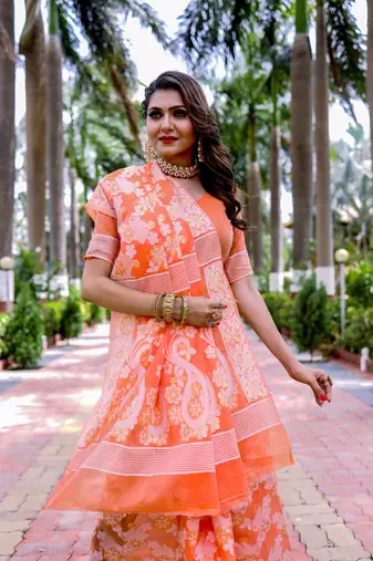 Orange Cotton Jamdani Sarees With Blouse